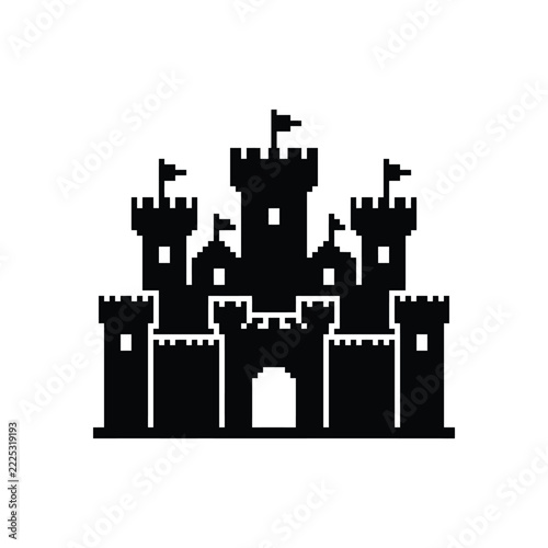 Black silhouette of a fantasy castle with towers pixel art game asset