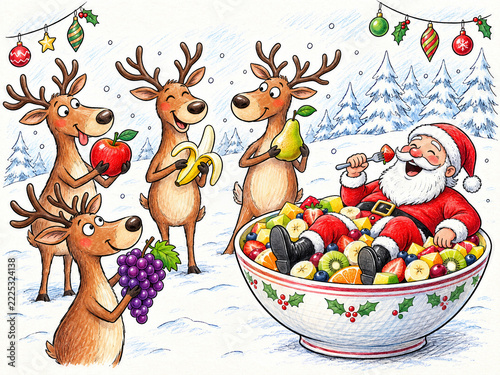 A playful hand-drawn Christmas scene shows four brown reindeer offering fruit - an apple, peeled bananas