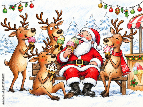 A smiling Santa Claus in a red suit sits on a wooden bench in a snowy, evergreen setting, holding an ice cream cone