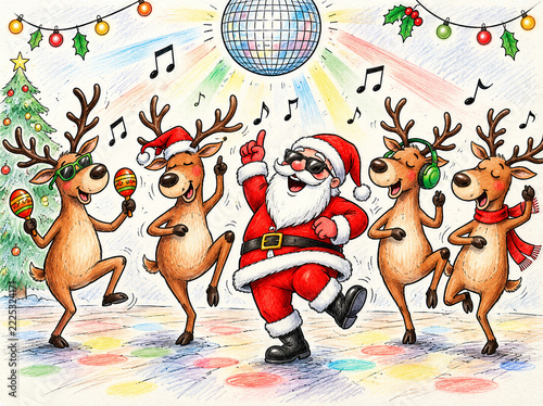 A cartoon Santa Claus dances with four anthropomorphic reindeer on a colorful floor, surrounded by a decorated Christmas tree