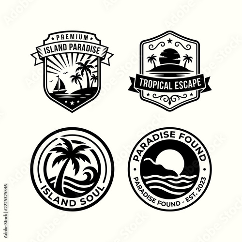 Tropical island paradise travel emblem collection