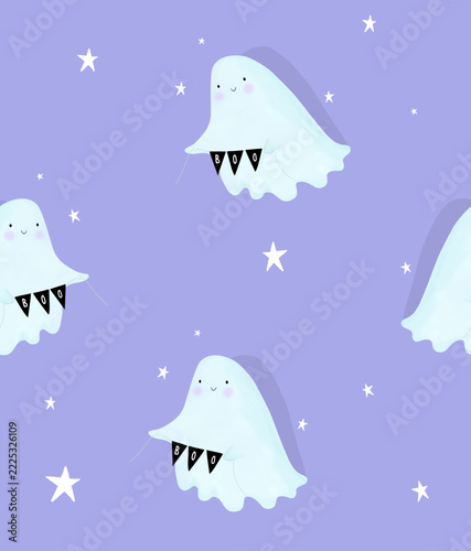 Halloween Vector Seamless Pattern With Cute Happy Ghosts on Violet Background.  Ideal for wrapping papers, textile, wallpaper, and halloween content. All elements on separate layers.
