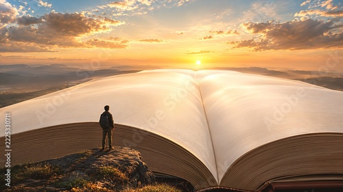 Person Standing at Edge of Giant Open Notebook Landscape
