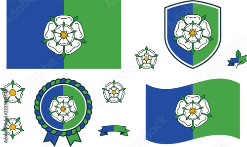 Yorkshire Riding Regional Flag Vector Graphic Set Featuring White Rose Symbols Shield Emblem Badge Ribbon and Waving Banner Design Elements