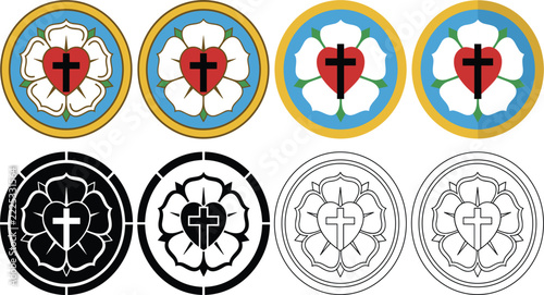 Luther Rose Seal Vector Icon Set Featuring Protestant Christian Lutheran Cross Heart Symbols in Flat Line Art and Color Variations for Church Designs