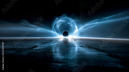 Futuristic blue light orb with energy trails in dark industrial setting