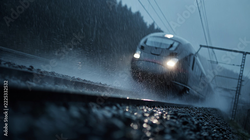 Modern high-speed train traveling on railroad tracks during heavy rain storm
