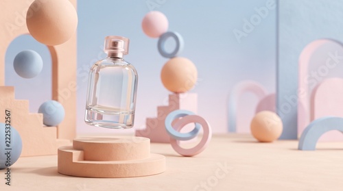 Clear glass perfume bottle floating above a minimalist pastel podium