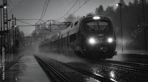 Modern passenger train traveling on railway tracks during heavy rain storm at night