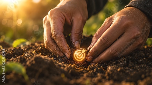 Hands Planting Glowing Goal-Shaped Seed in Soil
