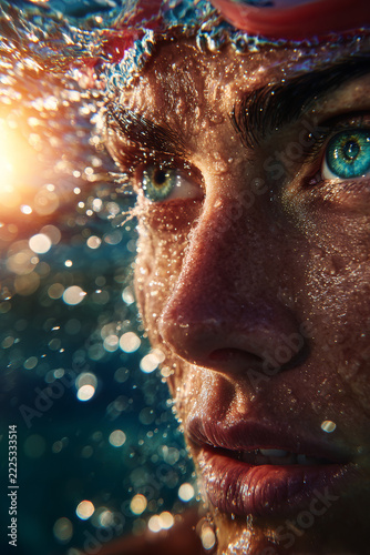 Close-up portrait of female swimmer underwater with glowing air bubbles and sunlight
