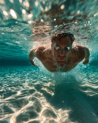 Athletic male swimmer swimming underwater with goggles in crystal clear pool water