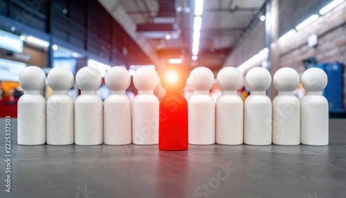 Red wooden figure glowing among white figures in office