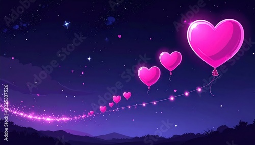 Glowing pink heart balloons floating in starry night sky