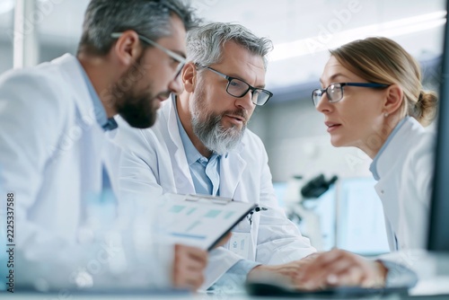 Three scientists discussing research data over clipboard in modern research laboratory office
