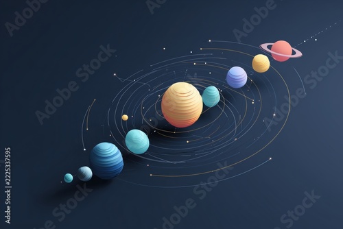 An abstract diagram of planets with orbits and digital lines