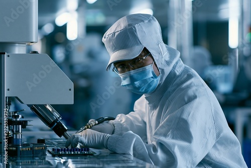 Worker in sterile cleanroom suit assembling precision parts in high tech manufacturing plant