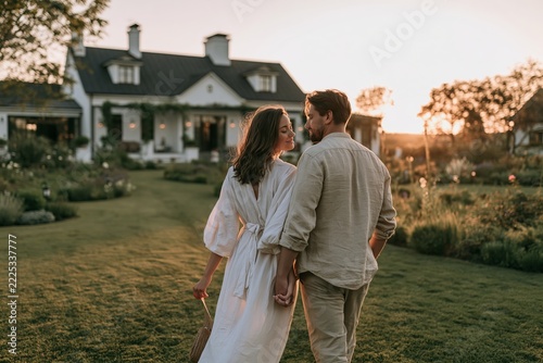 Young couple walking hand in hand through a lush green garden outside a white country house estate