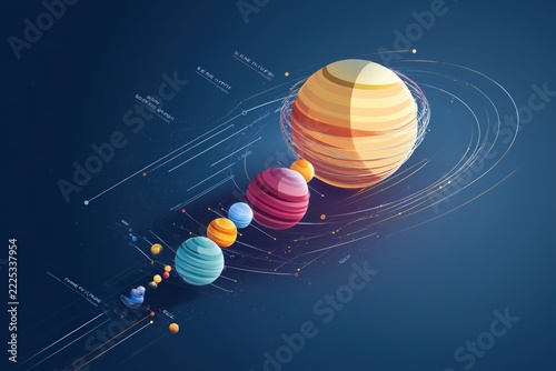 An abstract diagram of planets with orbits and digital lines