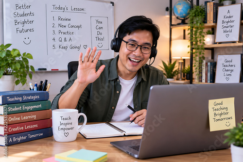 Online teacher waving during a video call lesson, home office setup, modern education concept.
