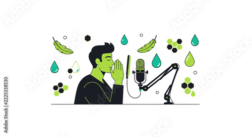 ASMR Artist Whispering into Microphone with Sensory Icons Vector Illustration
