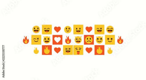 Modern Flat Design Emoji Collection with Smiley Faces, Hearts, and Flame Icons