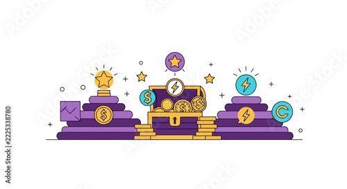 Flat Vector Illustration of Treasure Chest, Gold Coins, and Game Power-Up Icons on Pedestals