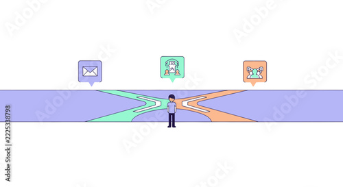 Business decision making vector illustration showing a person at a crossroad choosing between communication, collaboration, and teamwork paths.