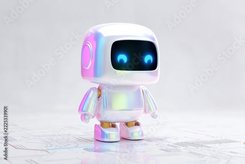 A cute robot with a holographic coating and glowing eyes.