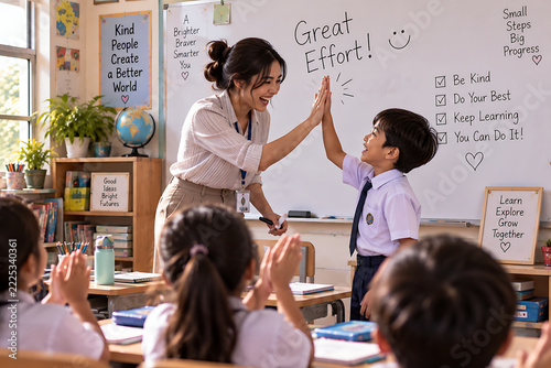 Teacher and student giving a high-five in front of a whiteboard, energetic candid shot