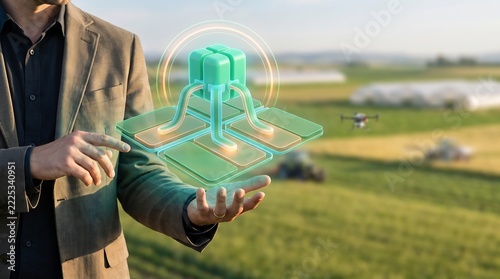 Businessman interacting digital agricultural infrastructure hologram over field with copy space layout