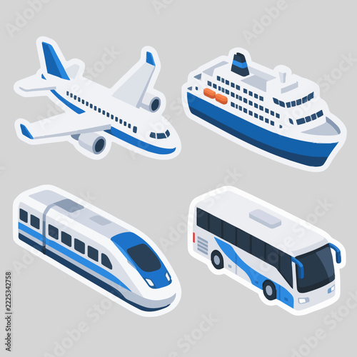 Travel and public transportation sticker set with airplane ship train and bus vector