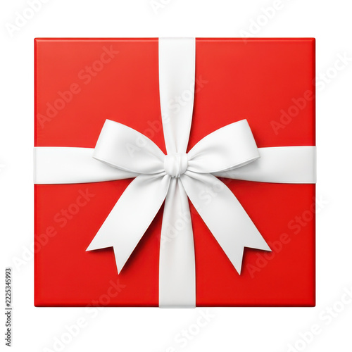 Red gift box with white ribbon and bow, perfect for celebrations like christmas, birthdays, or special occasions.