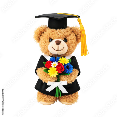 Graduation teddy bear wearing cap and gown holding flowers, celebrating academic achievement, perfect for gifts and congratulations.