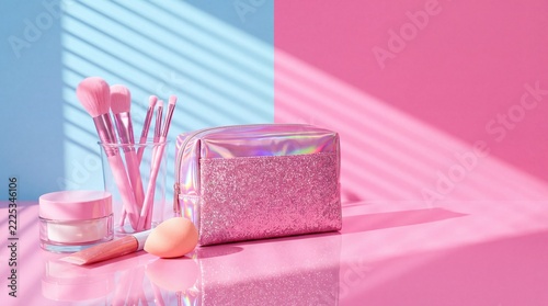 Pink makeup bag with brushes and cosmetic products sits on a reflective surface cosmetics
