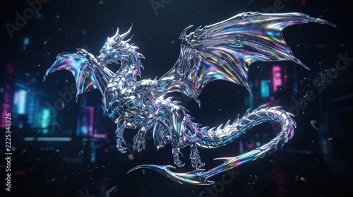 Futuristic Liquid Chrome Dragon with Iridescent Silver Metallic Reflections