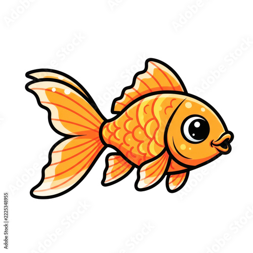 Cute cartoon goldfish with big eyes and flowing fins swimming playfully on transparent background.