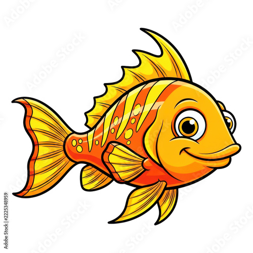 Cartoon orange fish with big eyes and a friendly smile swimming, isolated on transparent background.