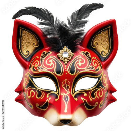 Intricate red and black fox mask with gold accents and black feathers for masquerade parties and costumes.