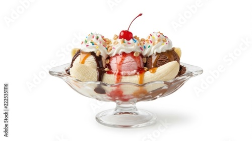 A delectable banana split dessert is showcased, featuring ice cream, whipped cream, chocolate sauce, banana slices, and a cherry on top.