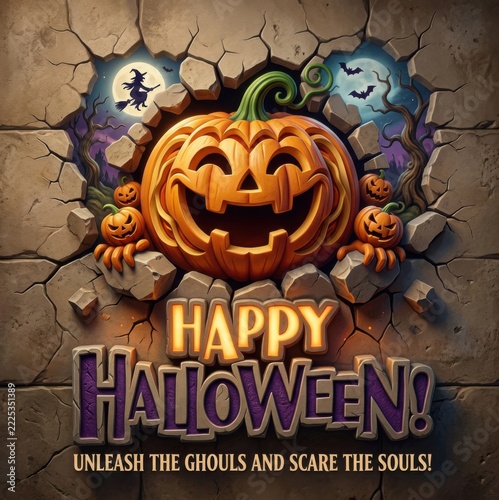 Happy Halloween Greeting with Smiling Jack O Lantern Pumpkin Breaking Through Wall