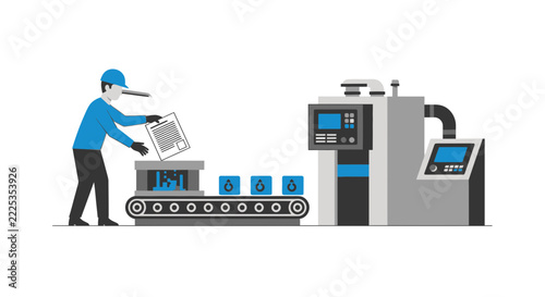 Industrial Automation Vector of Worker Processing Documents on Conveyor Belt