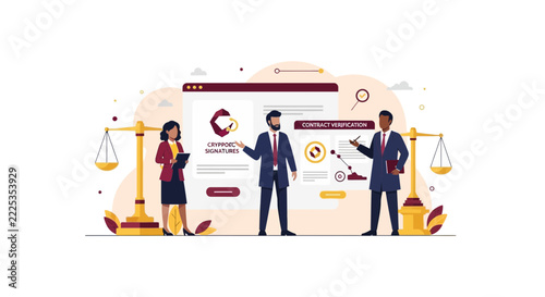 Digital Contract Verification and Crypto Signature Platform with Legal Professionals and Scales of Justice Illustration