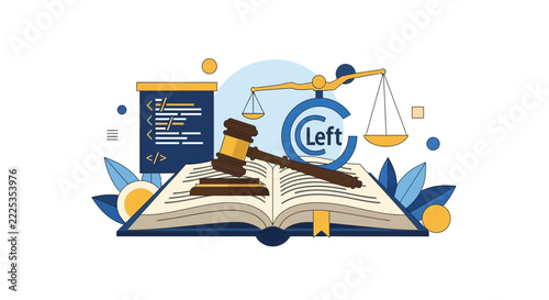 Digital Law and Copyleft Concept Illustration with Gavel, Scales, and Code
