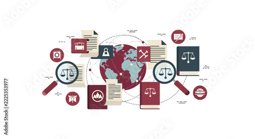Global Law and Justice Concept Illustration with World Globe, Law Books, and Magnifying Glass Icons