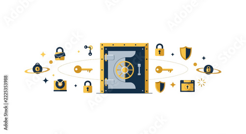 Secure Bank Vault Vector Illustration with Security Icons
