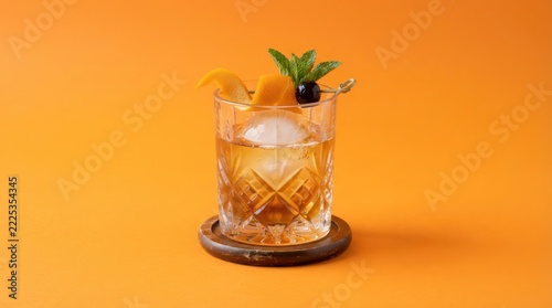 A glass of whiskey, filled with ice cubes and garnished with orange slices and a sprig of mint, set against a vibrant orange background.