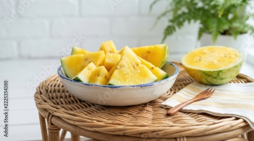 A bowl filled with sliced yellow pineapple pieces, placed on a woven basket.