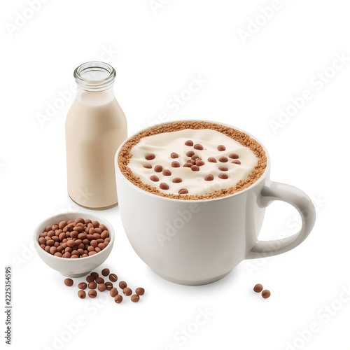 Warm soy milk in a white ceramic cup with soybeans in 3D minimal style