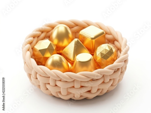 Golden Shapes and Decorative Objects in a Woven Basket on a White Background